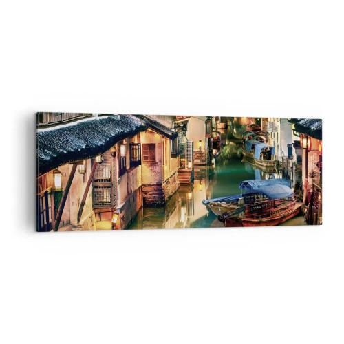 Impression sur toile - Image sur toile - Vue nocturne des canaux avec bateaux et maisons traditionnels - 140x50cm - Soirée dans une rue chinoise - Décoration murale moderne pour le salon et la chambre ARTTOR
