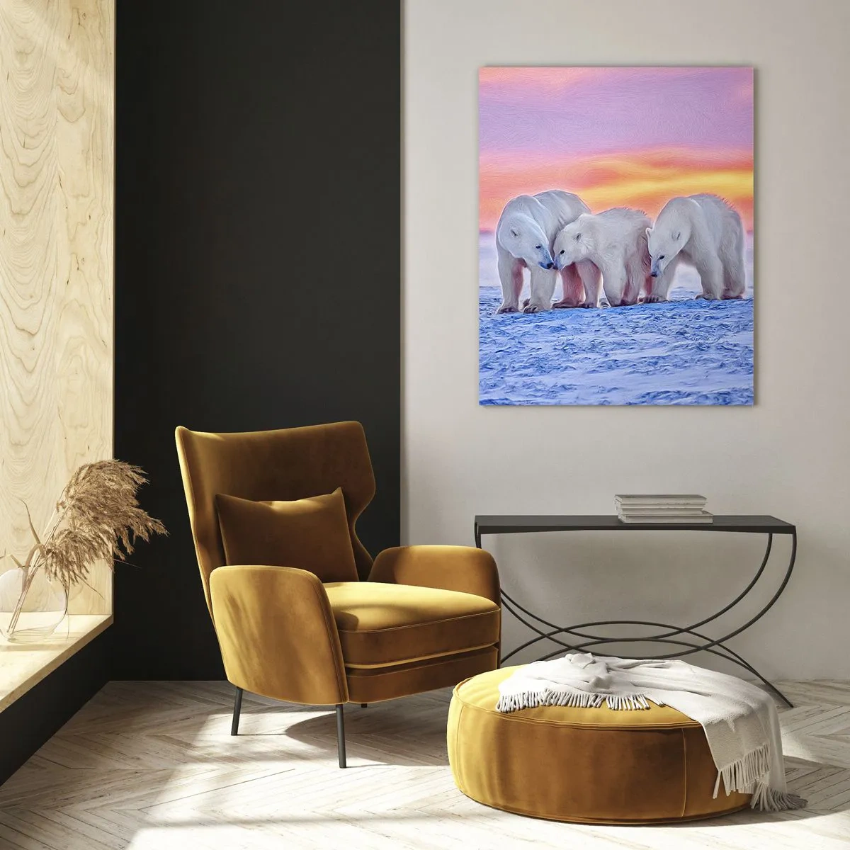 Impression sur verre - Image sur verre - Trois ours polaires sur un fond enneigé au coucher du soleil - 50x70cm - La chaleur familiale suffit - Décoration murale moderne pour le salon et la chambre ARTTOR