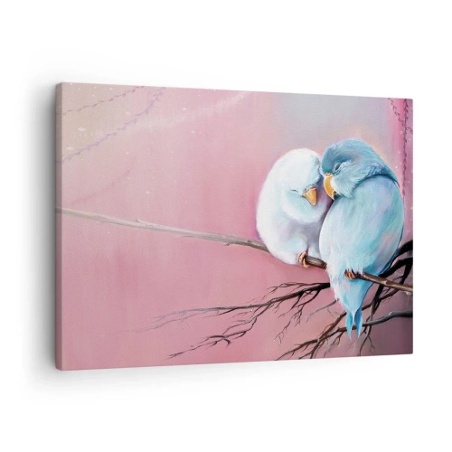 Impression sur toile - Image sur toile - Deux oiseaux amoureux sur une branche sur fond rose - 70x50cm - Que dire de plus?... - Décoration murale moderne pour le salon et la chambre ARTTOR