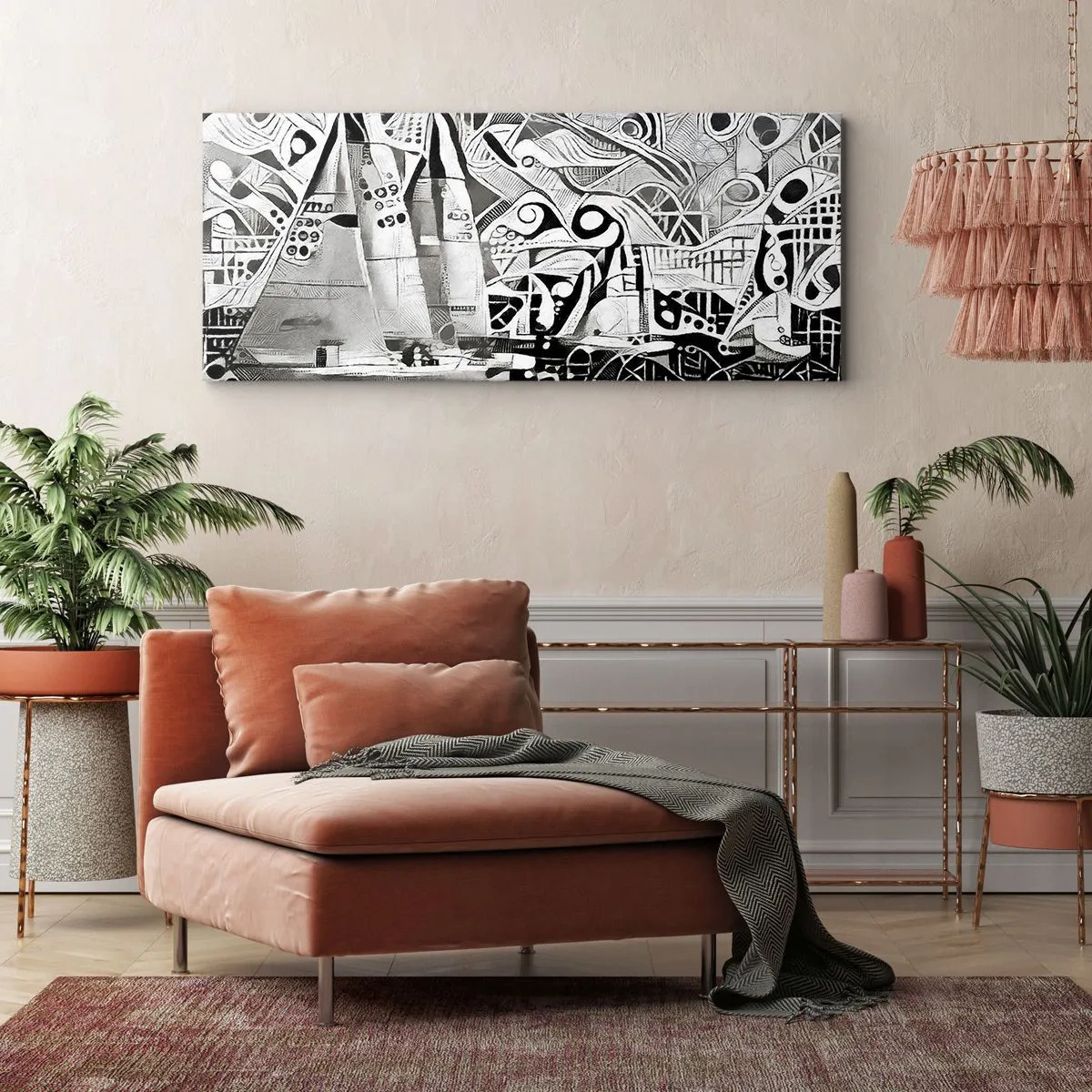 Impression sur toile - Image sur toile - Voiliers abstraits dans une composition monochrome - 140x50cm - Entre les vagues - Décoration murale moderne pour le salon et la chambre ARTTOR