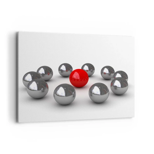 Impression sur toile - Image sur toile - Une boule rouge entourée de boules argentées sur fond blanc - 100x70cm - Un cercle en argent et rouge - Décoration murale moderne pour le salon et la chambre ARTTOR