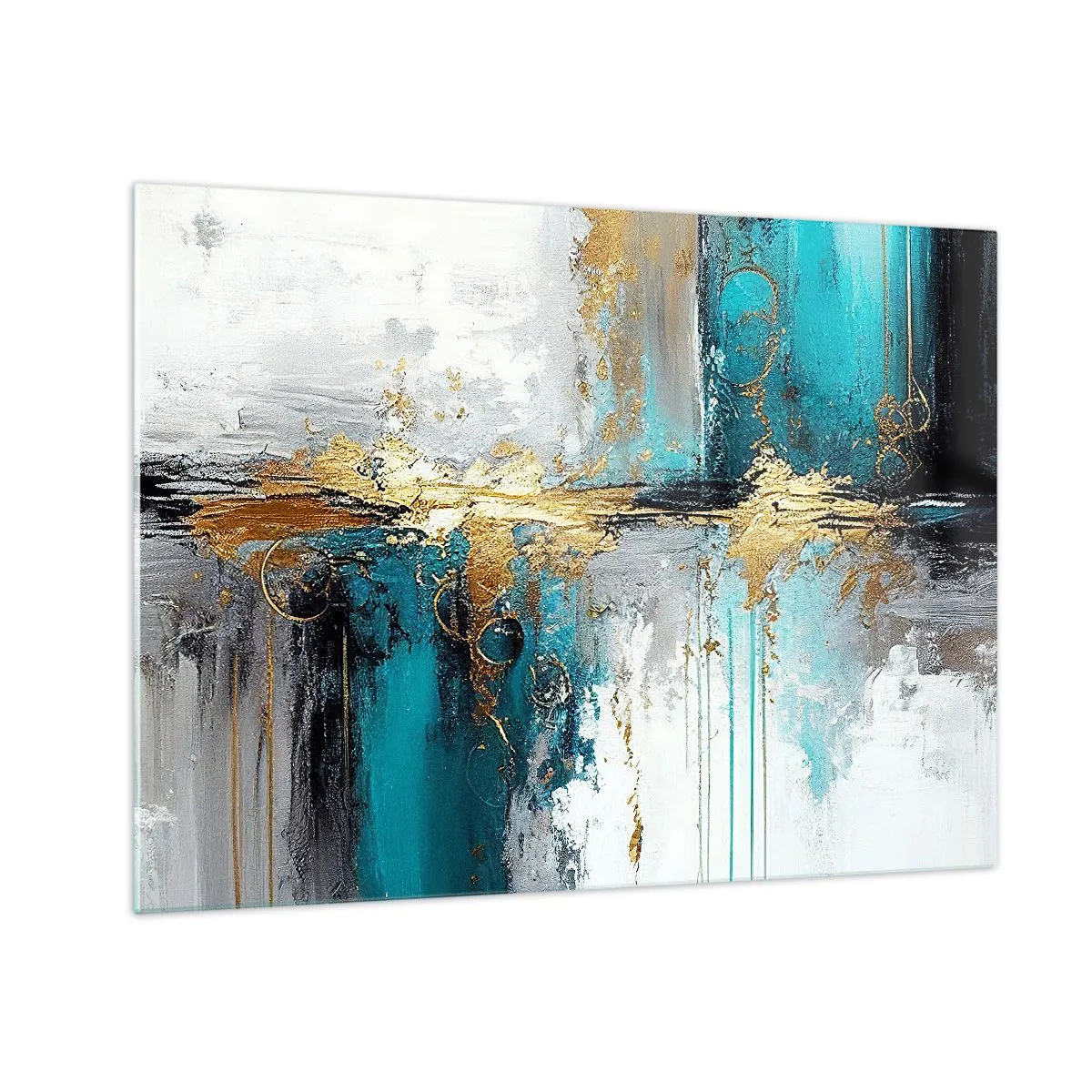 Impression sur verre - Image sur verre - Abstraction avec turquoise et or sur fond blanc - 70x50cm - Tout coule - Décoration murale moderne pour le salon et la chambre ARTTOR