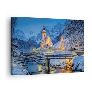 Impression sur toile - Image sur toile - Paysage d'hiver avec une église, un pont et des montagnes au crépuscule - 70x50cm - L'âme du monde - Décoration murale moderne pour le salon et la chambre ARTTOR