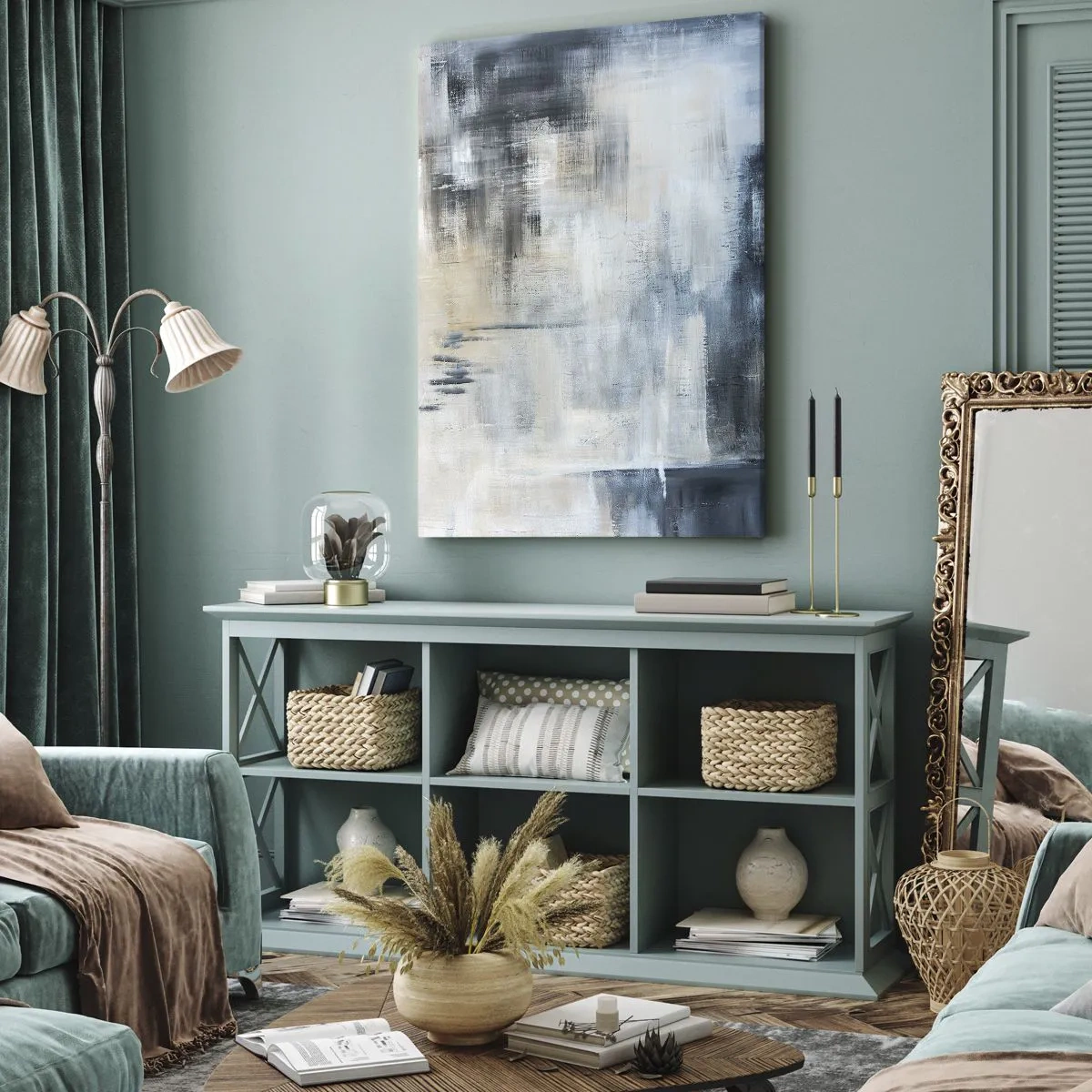 Impression sur toile - Image sur toile - Composition abstraite dans les tons de bleu et de gris - 80x120cm - Derrière le rideau bleu - Décoration murale moderne pour le salon et la chambre ARTTOR