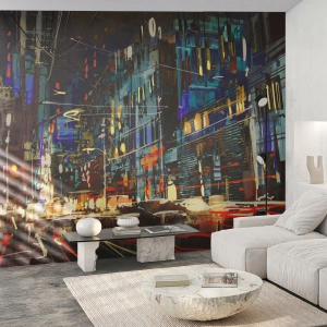 Papier Peint Photo Premium Canvas - L'agitation de la rue en soirée - Ville, Architecture, Vie nocturne - 500x350 cm