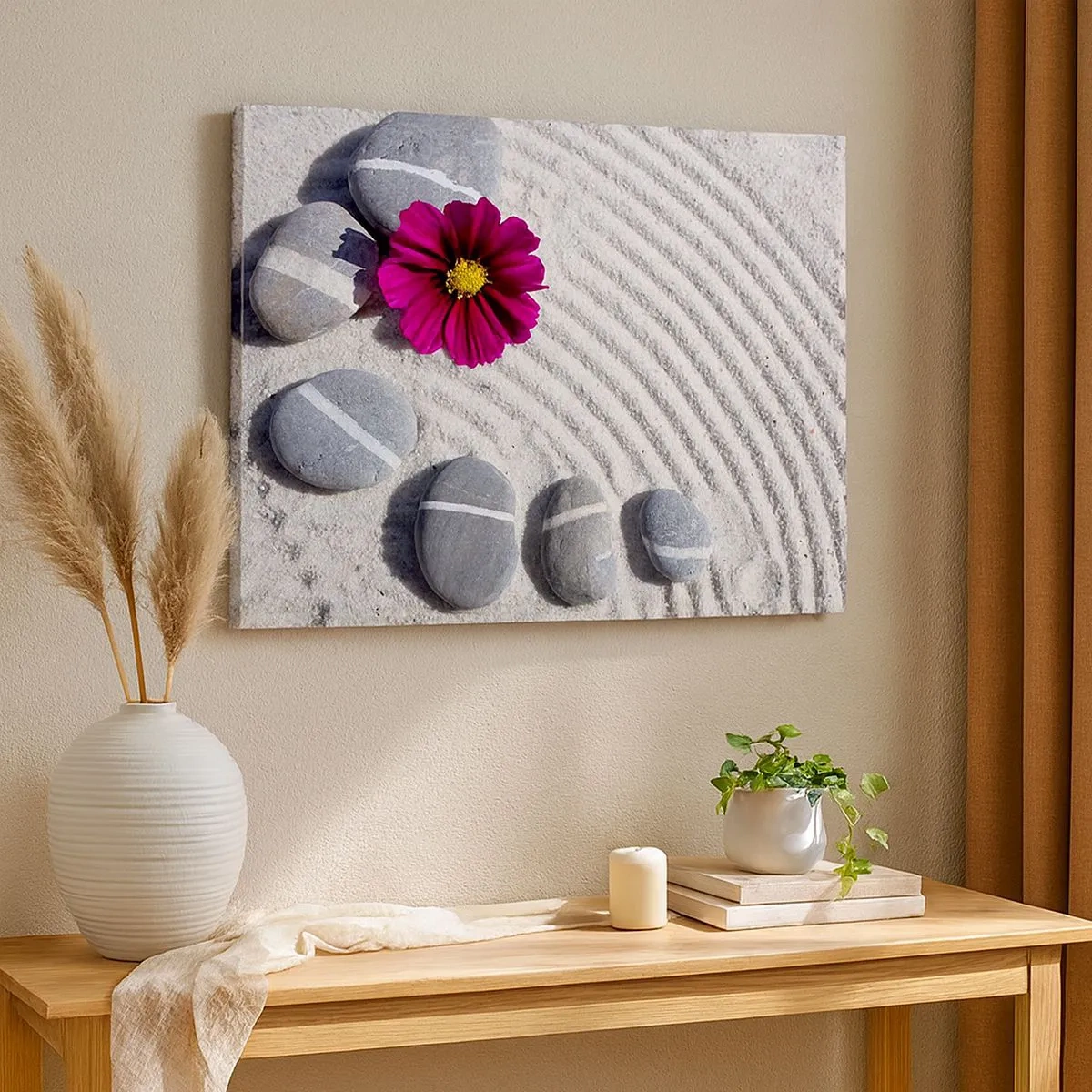 Impression sur toile - Image sur toile - Des pierres et une fleur rose sur le sable dans un style zen - 70x50cm - Énergie et paix du cercle magique de la nature - Décoration murale moderne pour le salon et la chambre ARTTOR