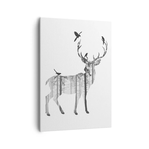 Impression sur toile - Image sur toile - Silhouette d'un cerf avec forêt et oiseaux - 50x70cm - La bonne âme de la forêt - Décoration murale moderne pour le salon et la chambre ARTTOR