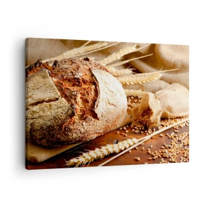 Impression sur toile - Image sur toile - Pain croustillant aux céréales et aux épis de blé sur fond de bois - 70x50cm - Appétissant, parfumé, croquant - Décoration murale moderne pour le salon et la chambre ARTTOR