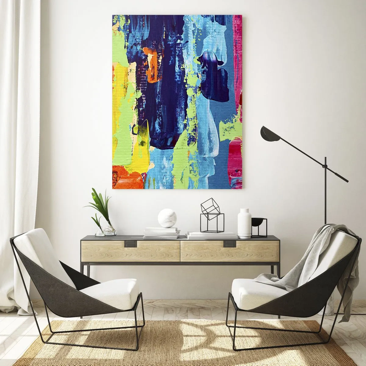 Impression sur verre - Image sur verre - Composition abstraite de couleurs sous une forme dynamique - 80x120cm - La vie est belle! - Décoration murale moderne pour le salon et la chambre ARTTOR