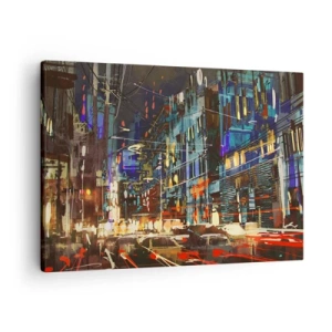 Impression sur toile - Image sur toile - Scène nocturne de la ville avec des néons - 70x50cm - L'agitation de la rue en soirée - Décoration murale moderne pour le salon et la chambre ARTTOR