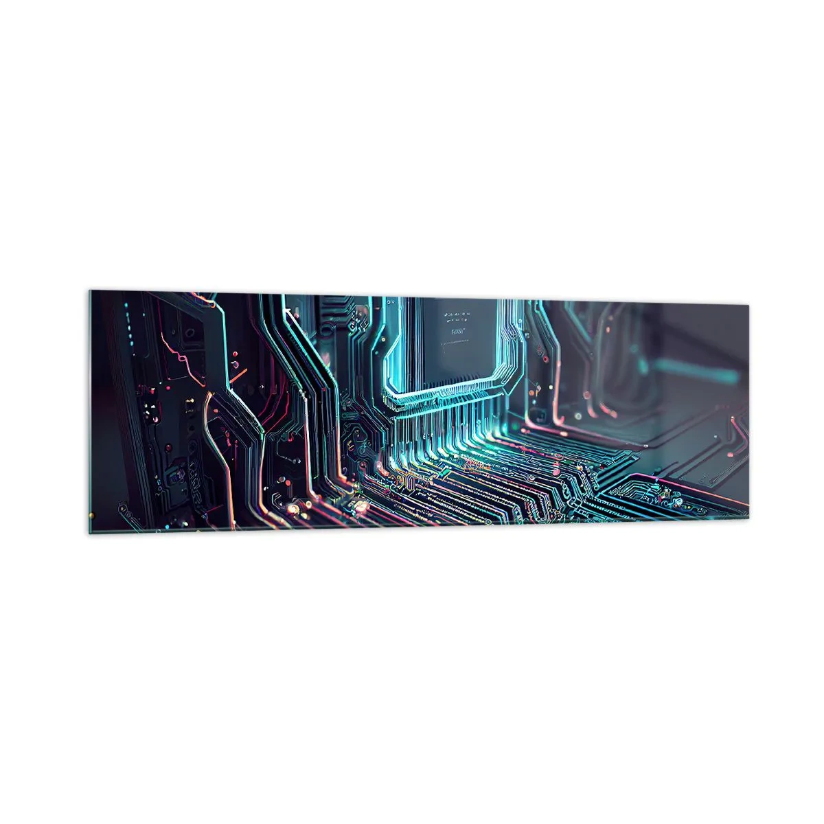 Impression sur verre - Image sur verre - Circuit imprimé technologique avec pistes lumineuses - 160x50cm - Je pense comme ça… - Décoration murale moderne pour le salon et la chambre ARTTOR