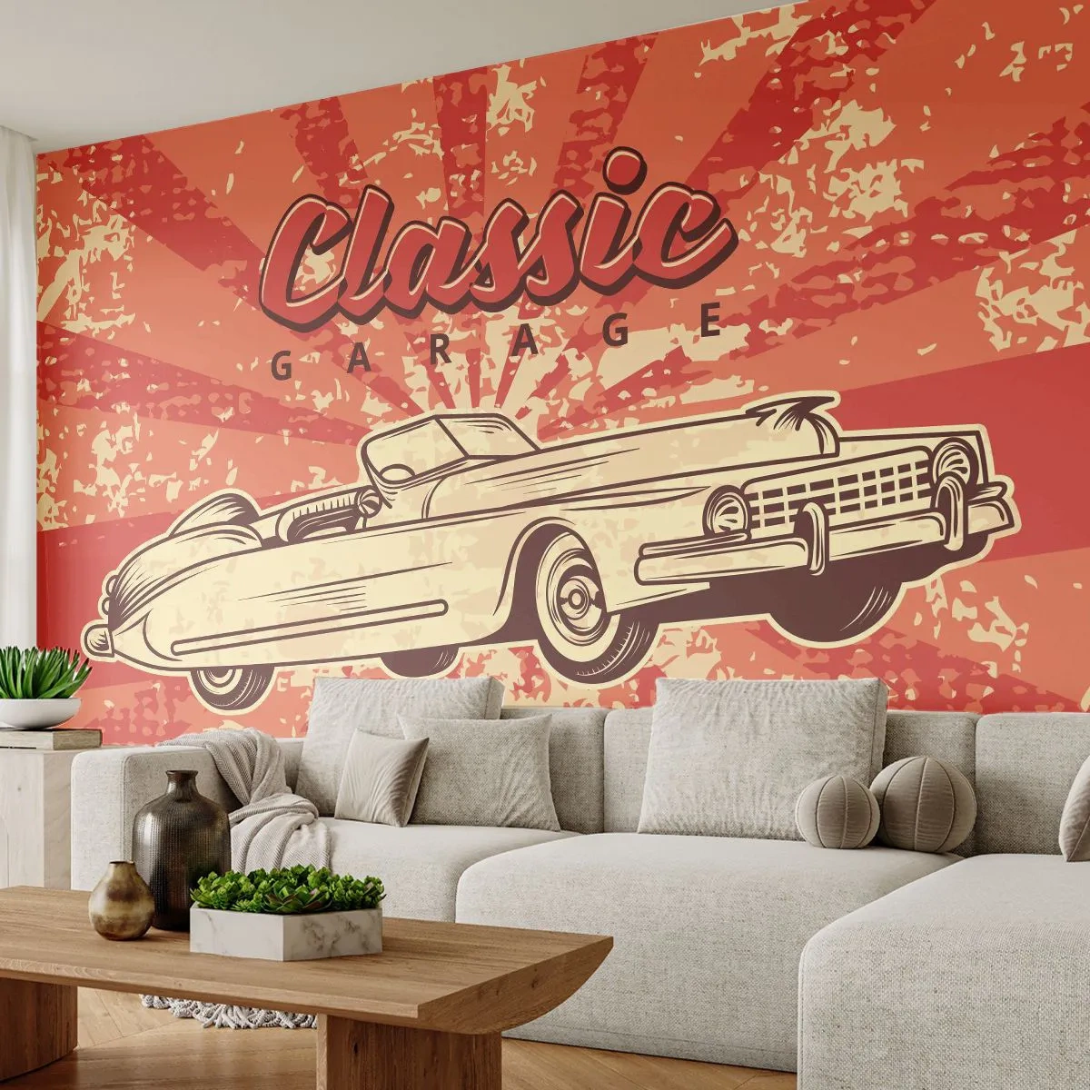 Papier Peint Photo Premium Sand - Affiche rétro avec une voiture classique et les mots Classic Garage - 100x70cm - Et à la radio, Elvis - Décoration murale moderne pour le salon et la chambre ARTTOR