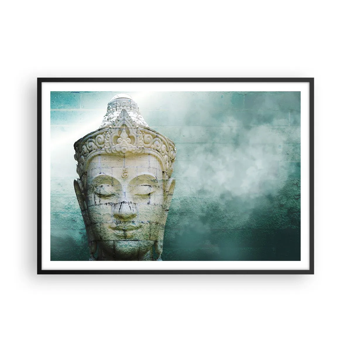 Affiche dans un cadre noir - Poster - Statue de Bouddha avec une douce brume sur un fond vert - 100x70cm - A la recherche de la lumière - Décoration murale moderne pour le salon et la chambre ARTTOR
