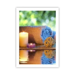 Affiche - Poster - Des bougies et une serviette sur fond de paysage naturel - 50x70cm - Temps pour le corps - Décoration murale moderne pour le salon et la chambre ARTTOR