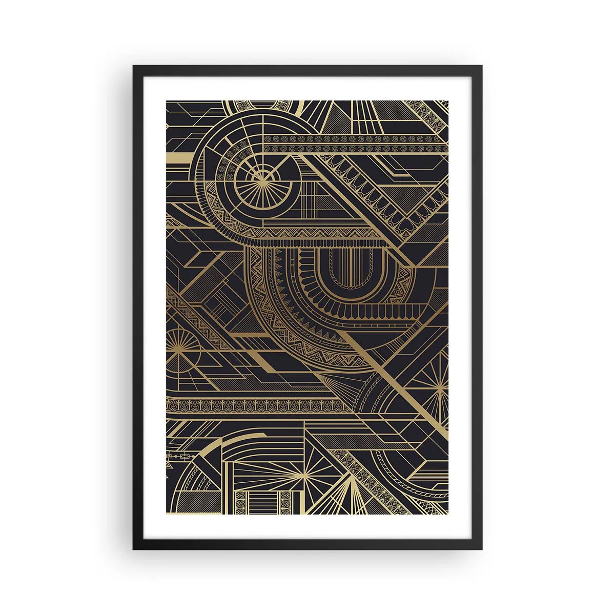 Affiche dans un cadre noir - Poster - Motif géométrique dans des tons dorés sur fond noir - 50x70cm - Concept, idée, plan - Décoration murale moderne pour le salon et la chambre ARTTOR