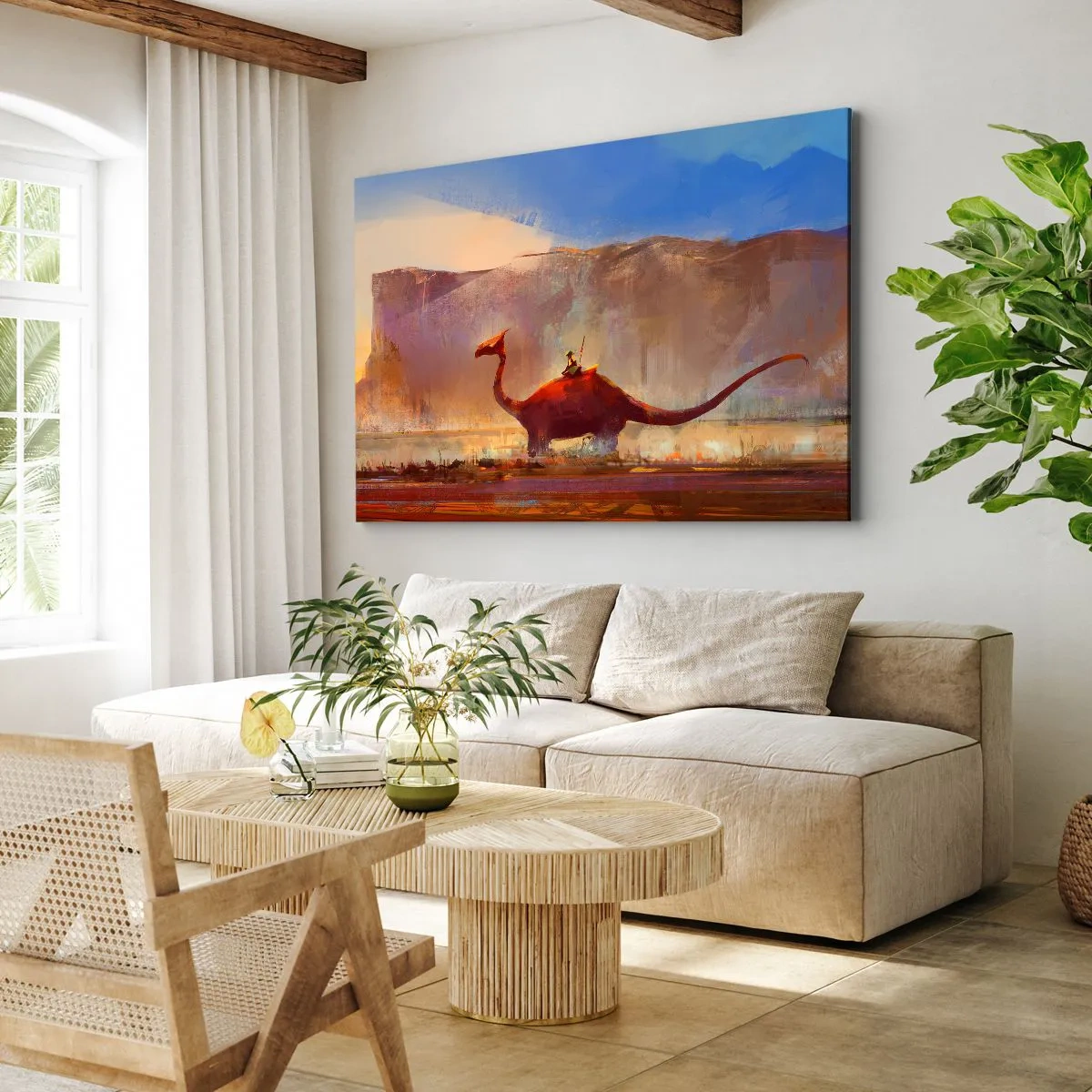 Impression sur toile - Image sur toile - Une scène fantastique avec un cavalier sur une créature préhistorique - 120x80cm - S'ils n'avaient pas disparu - Décoration murale moderne pour le salon et la chambre ARTTOR