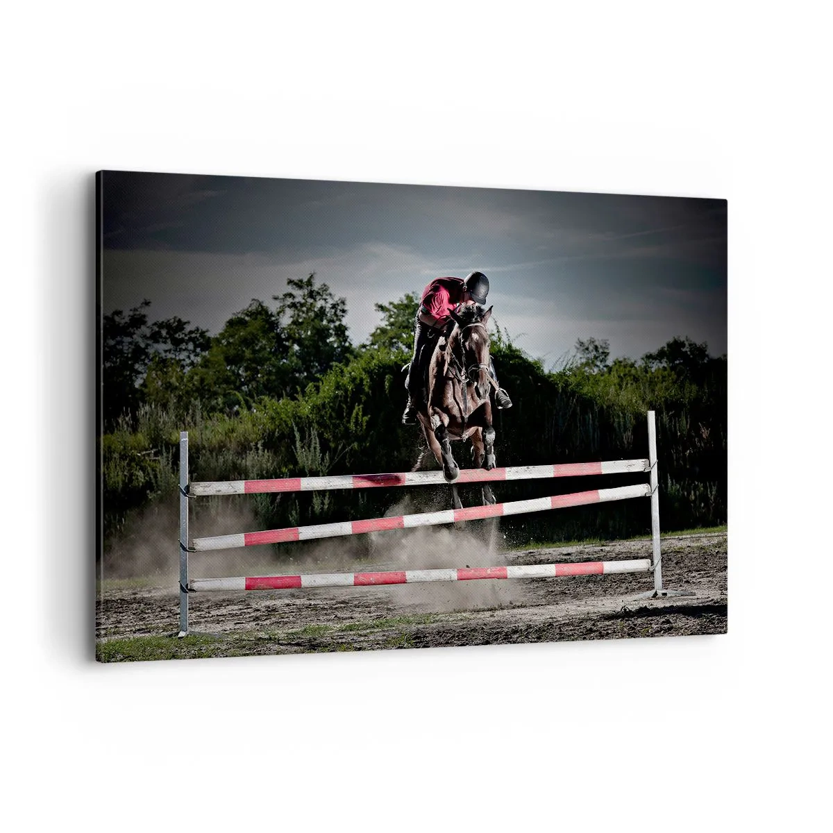 Impression sur toile - Image sur toile - Un cavalier sur un cheval sautant par-dessus un obstacle sur une piste de course - 120x80cm - Ensemble pour la victoire - Décoration murale moderne pour le salon et la chambre ARTTOR