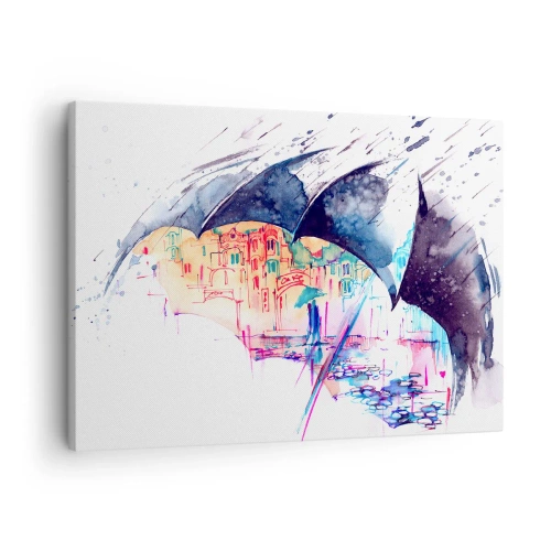 Impression sur toile - Image sur toile - Une ville colorée cachée sous des parapluies abstraits - 70x50cm - Se promener sous la pluie - Décoration murale moderne pour le salon et la chambre ARTTOR