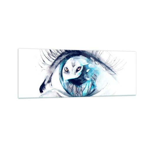 Impression sur verre - Image sur verre - Un œil avec une image d'un hibou dans des tons bleus à l'aquarelle - 140x50cm - Face à face avec la nature sauvage - Décoration murale moderne pour le salon et la chambre ARTTOR