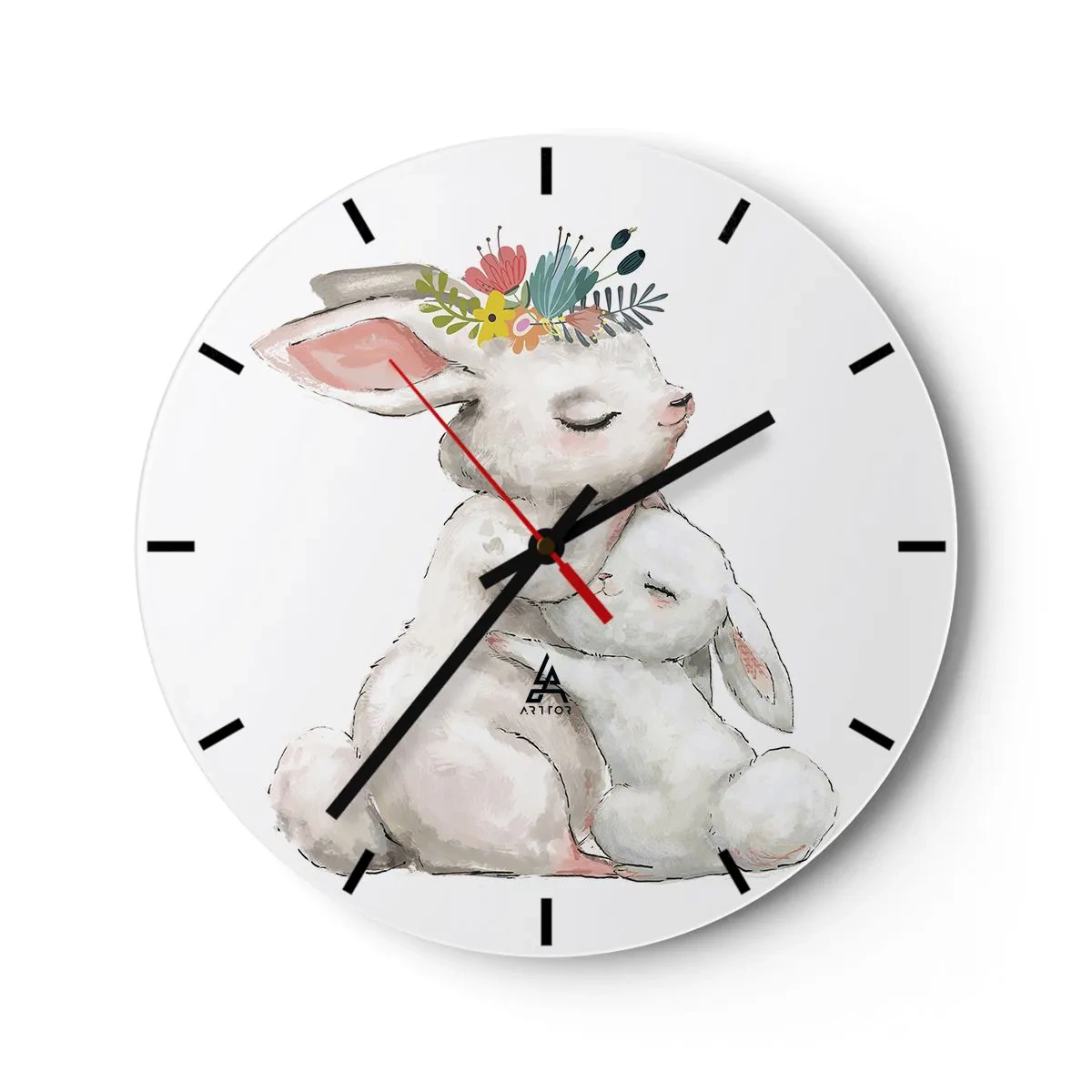 Horloge murale - Pendule murale - Deux lapins câlins, le plus grand avec une couronne de fleurs - 30x30cm - Maman irremplaçable - Décoration murale moderne pour le salon, la cuisine et la chambre ARTTOR