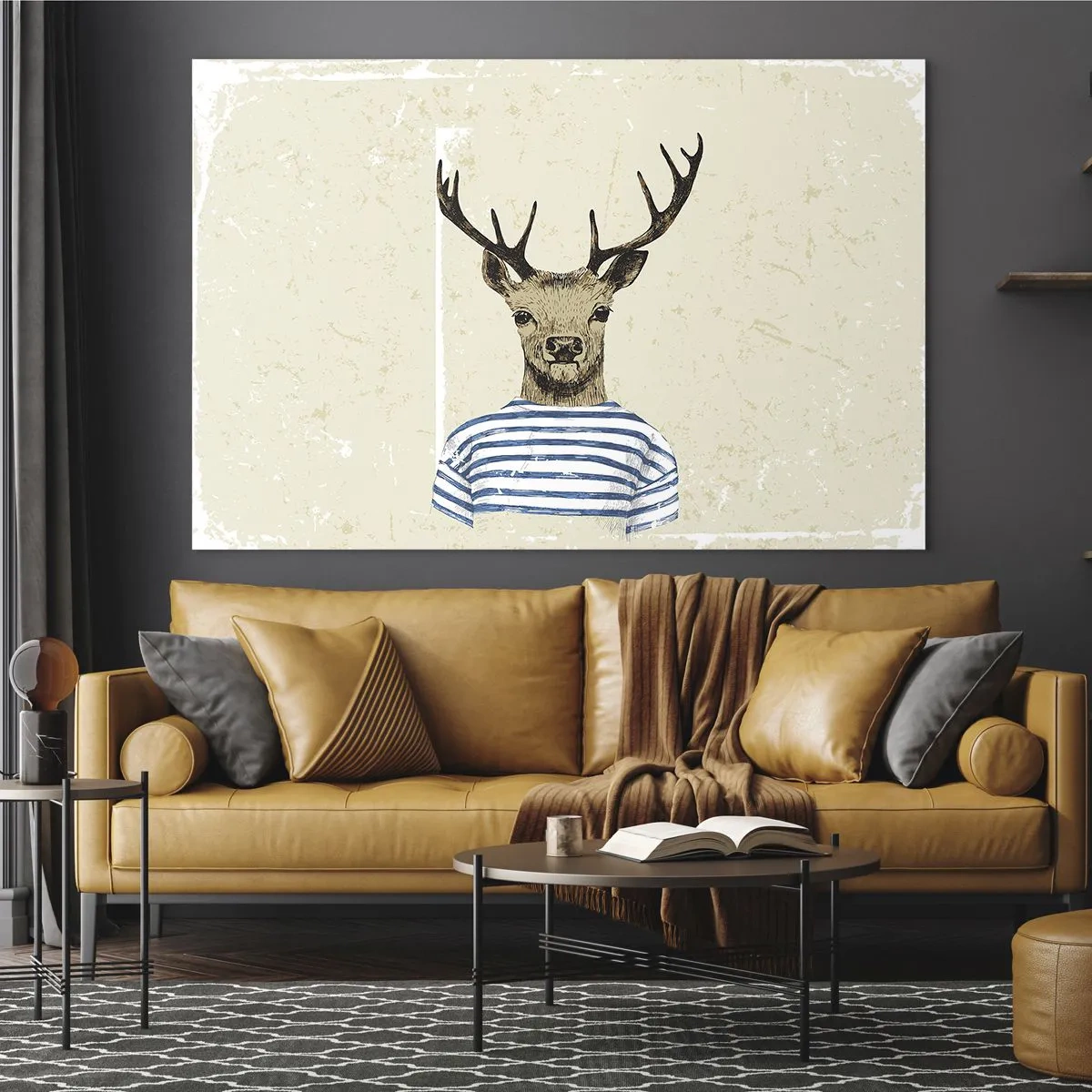 Impression sur verre - Image sur verre - Graphique d'un cerf en chemise de marin sur fond clair - 120x80cm - Parce que j'aime les chemises rayées - Décoration murale moderne pour le salon et la chambre ARTTOR
