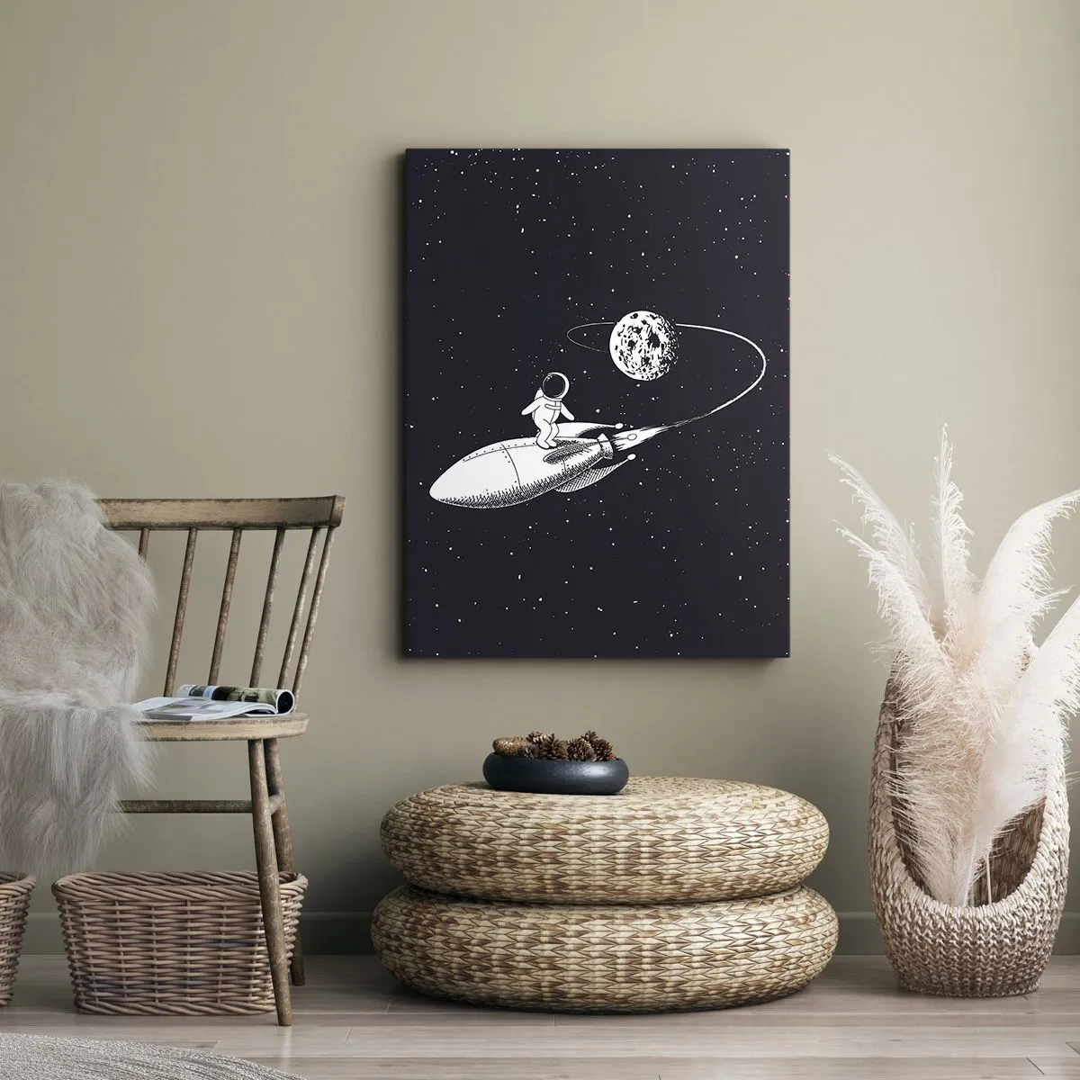 Impression sur toile - Image sur toile - Astronaute sur une fusée dans l'espace - 50x70cm - Surfeur de l'espace - Décoration murale moderne pour le salon et la chambre ARTTOR