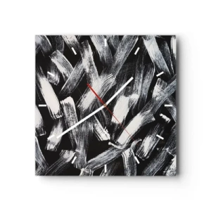 Horloge murale - Pendule murale - Abstraction dynamique avec des coups de pinceau blancs sur fond noir. - 30x30cm - L'abstraction dans l'esprit industriel - Décoration murale moderne pour le salon et la chambre ARTTOR