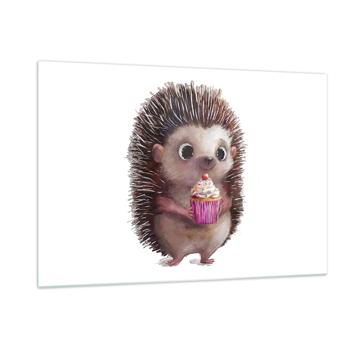 Impression sur verre - Image sur verre - Un hérisson mignon avec un cupcake sur fond blanc - 120x80cm - La fête c'est tous les jours - Décoration murale moderne pour le salon et la chambre ARTTOR