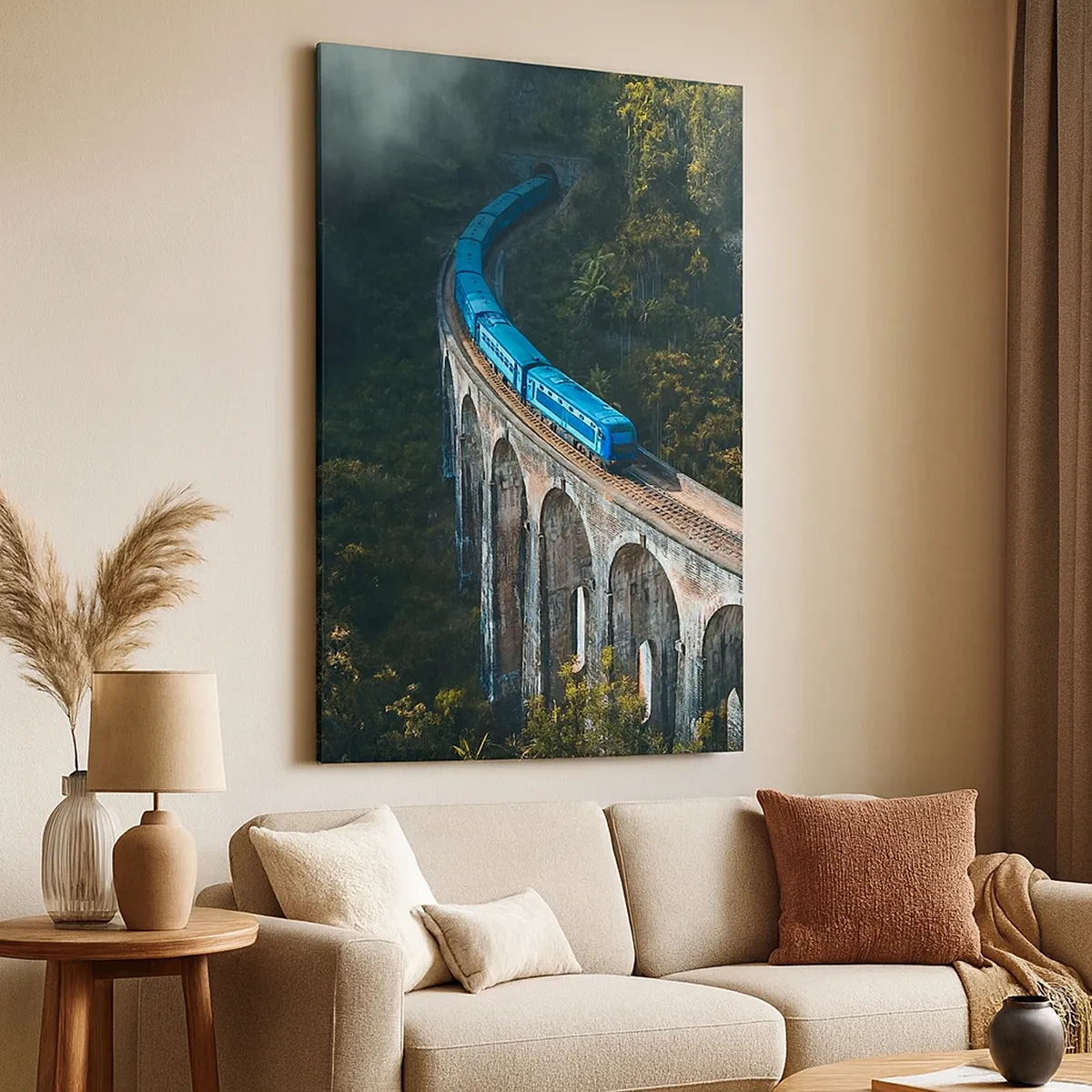 Impression sur toile - Image sur toile - Un train bleu sur un viaduc historique au milieu des forêts - 50x70cm - Train nature - Décoration murale moderne pour le salon et la chambre ARTTOR