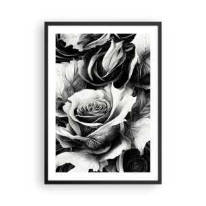 Affiche dans un cadre noir - Poster - Une composition en noir et blanc de roses avec un clair-obscur expressif - 50x70cm - Toujours une reine - Décoration murale moderne pour le salon et la chambre ARTTOR