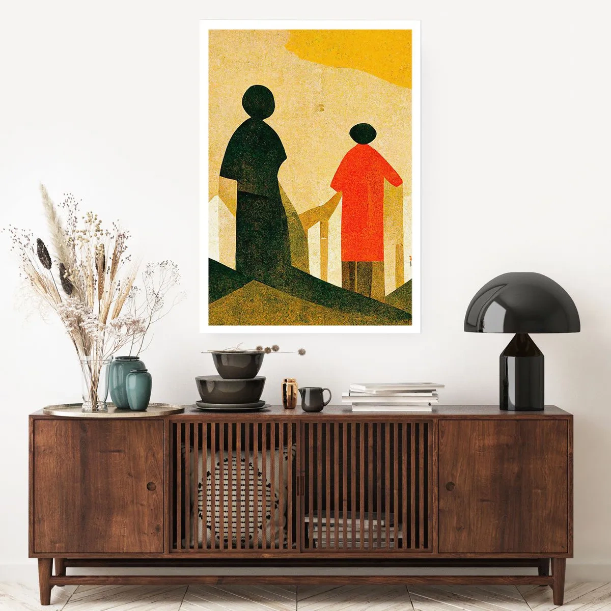 Affiche - Poster - Silhouettes géométriques de personnages sur fond de paysage abstrait - 50x70cm - La route est encore longue - Décoration murale moderne pour le salon et la chambre ARTTOR
