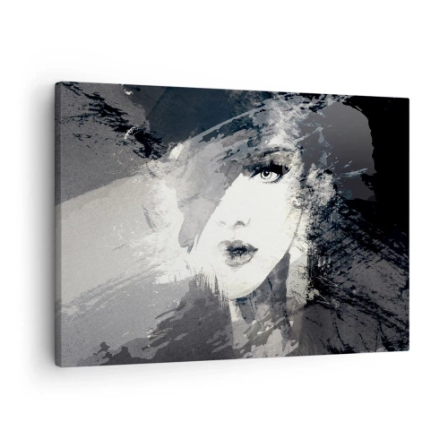 Impression sur toile - Image sur toile - Un portrait abstrait d'une femme dans des tons de gris avec des accents délicats. - 70x50cm - Derrière un voile gris - Décoration murale moderne pour le salon et la chambre ARTTOR