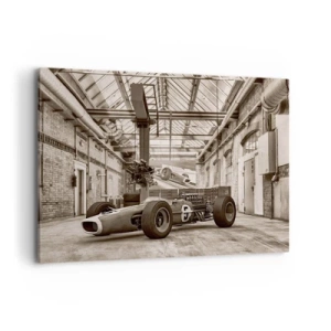 Impression sur toile - Image sur toile - Voiture de course noire et blanche dans un intérieur industriel - 100x70cm - Le repos du guerrier - Décoration murale moderne pour le salon et la chambre ARTTOR