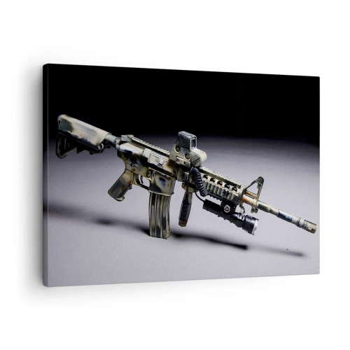 Impression sur toile - Image sur toile - Arme moderne de couleur camouflage sur fond sombre - 70x50cm - Toujours menaçant - Décoration murale moderne pour le salon et la chambre ARTTOR