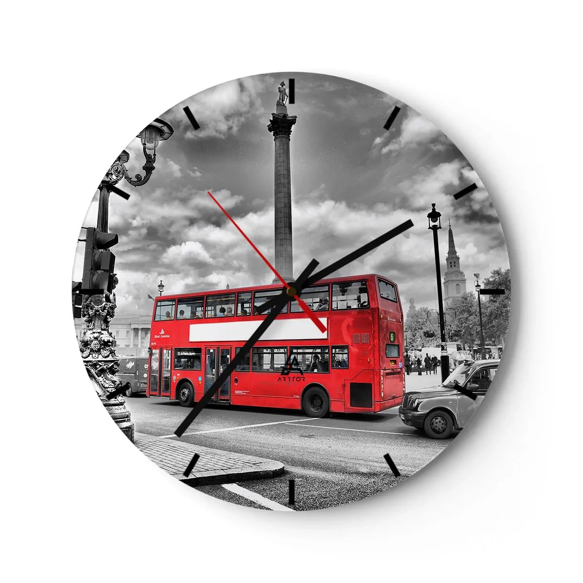 Horloge murale - Pendule murale - Un bus rouge à impériale avec en arrière-plan les toits de Londres - 30x30cm - La vraie circulation sanguine de la ville - Décoration murale moderne pour le salon, la cuisine et la chambre ARTTOR