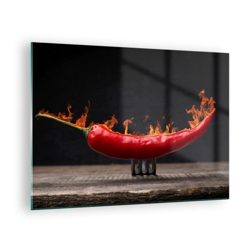 Impression sur verre - Image sur verre - Piment rouge brûlant sur fond noir - 70x50cm - Un apéritif enflammé - Décoration murale moderne pour le salon et la chambre ARTTOR