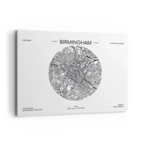 Impression sur toile - Image sur toile - Une carte minimaliste en noir et blanc de Birmingham avec des détails précis. - 100x70cm - Anatomie de Birmingham - Décoration murale moderne pour le salon et la chambre ARTTOR