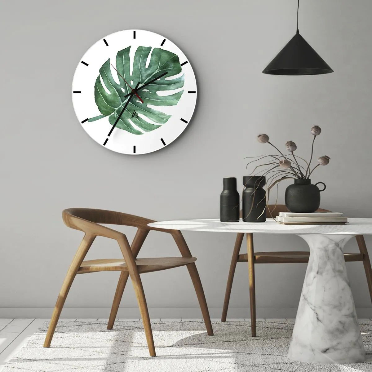 Horloge murale - Pendule murale - Illustration à l'aquarelle d'une feuille de monstera - 30x30cm - Concept vert - Décoration murale moderne pour le salon, la cuisine et la chambre ARTTOR