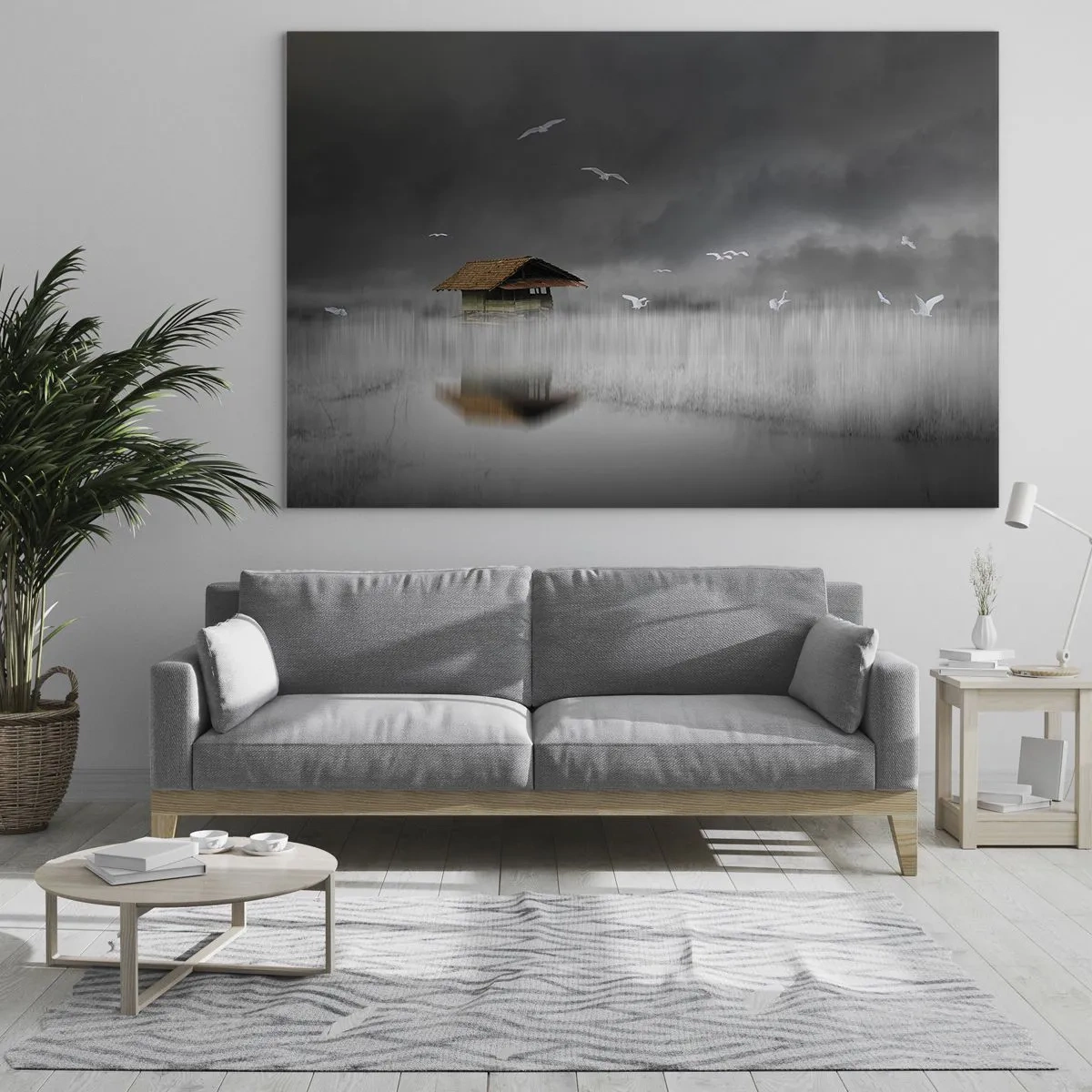 Impression sur verre - Image sur verre - Une maison sur l'eau dans le brouillard avec des oiseaux qui volent - 120x80cm - A l'abri de la pluie - Décoration murale moderne pour le salon et la chambre ARTTOR