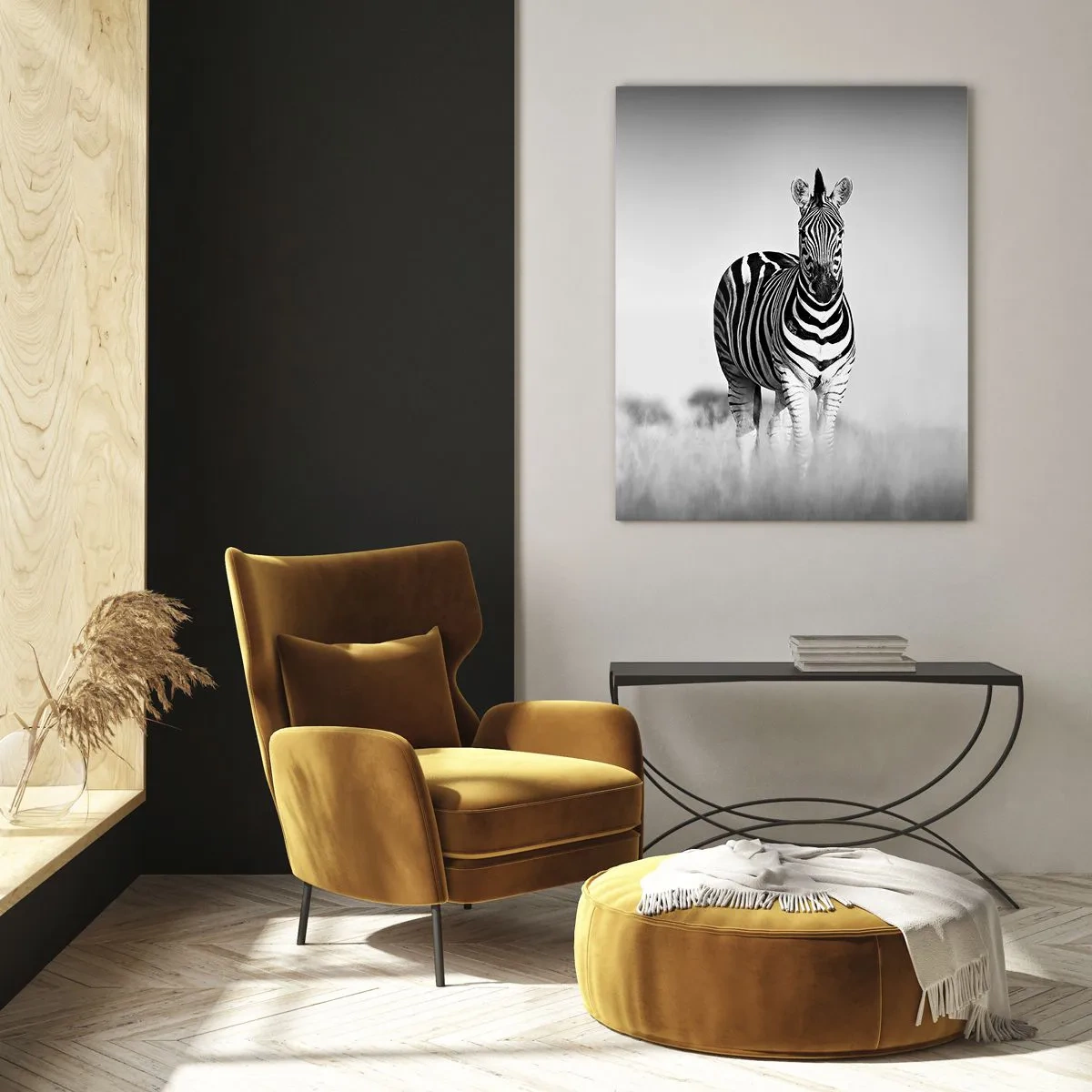 Impression sur verre - Image sur verre - Une paire de zèbres sur un fond d'herbe noir et blanc, représentés dans leur habitat naturel. - 50x70cm - Le monde est bel et bien noir et blanc - Décoration murale moderne pour le salon et la chambre ARTTOR