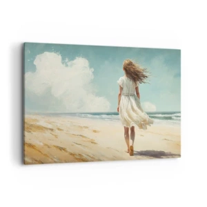 Impression sur toile - Image sur toile - Une femme en robe blanche marchant sur la plage par une journée ensoleillée - 100x70cm - Pour rencontrer le soleil et le vent - Décoration murale moderne pour le salon et la chambre ARTTOR