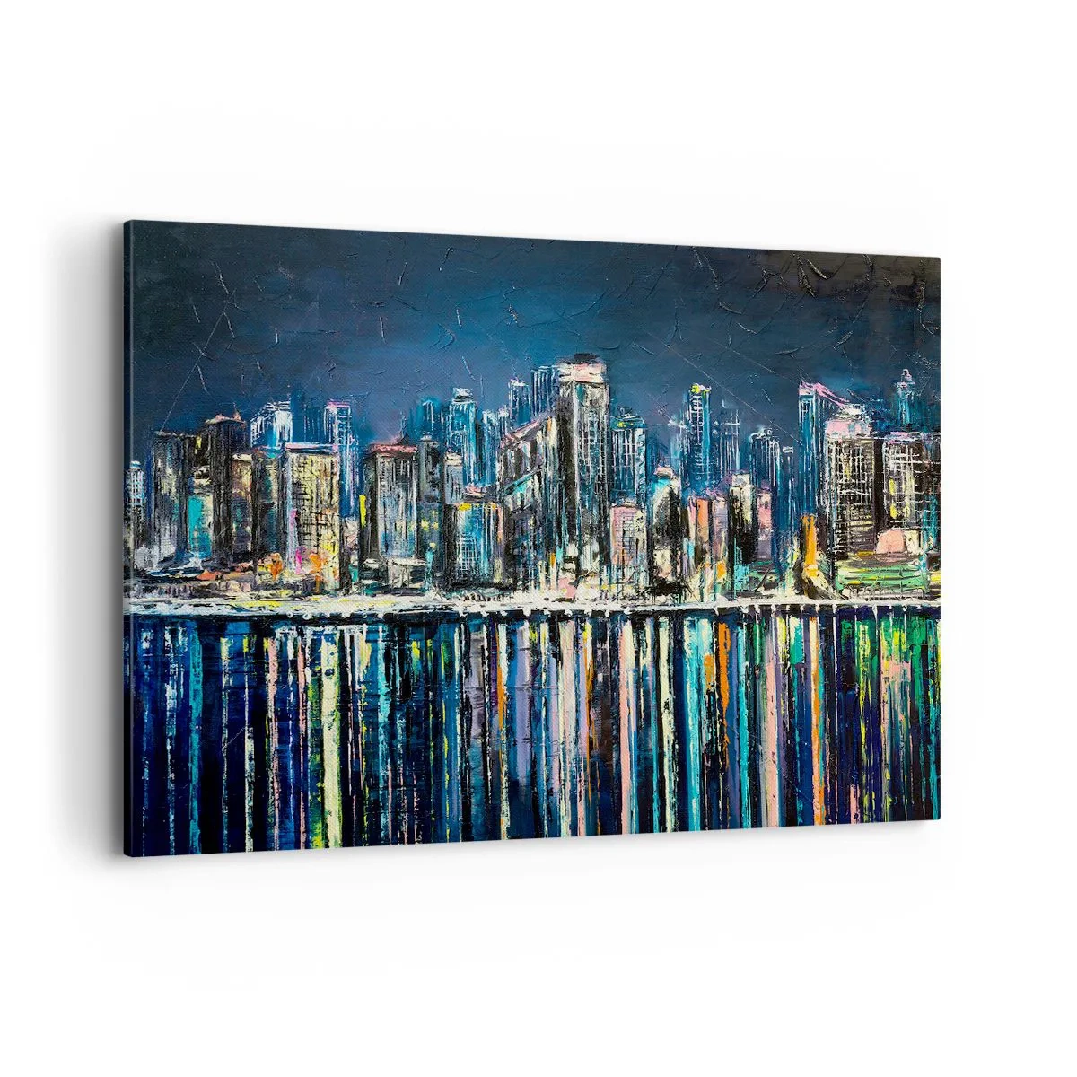 Impression sur toile - Image sur toile - Panorama de la ville nocturne reflétée dans l'eau - 120x80cm - Cascade de lumières - Décoration murale moderne pour le salon et la chambre ARTTOR