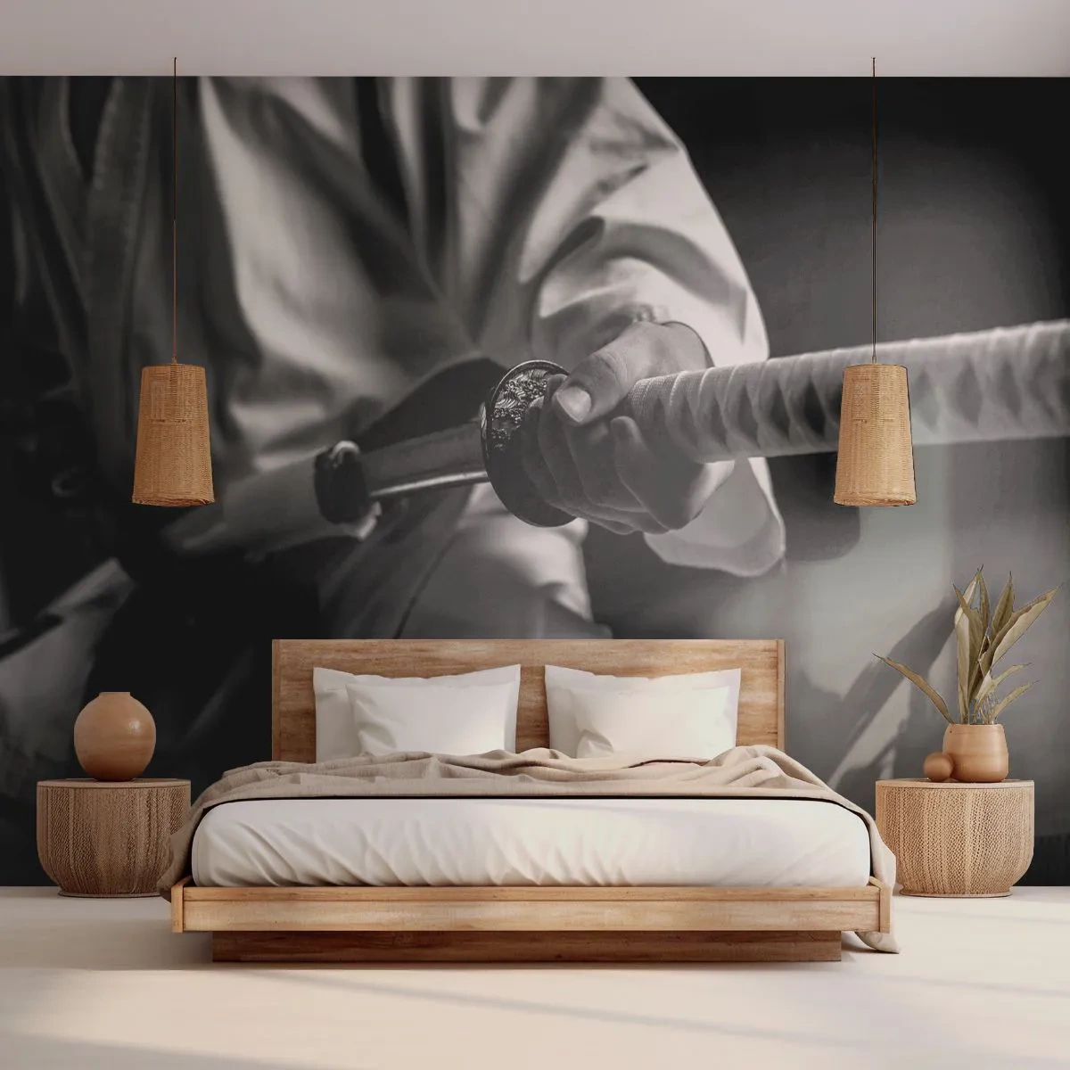 Papier Peint Photo Premium Sand - Un guerrier en kimono tenant un katana dans une prise de vue dynamique - 100x70cm - Âme de guerrier - Décoration murale moderne pour le salon et la chambre ARTTOR