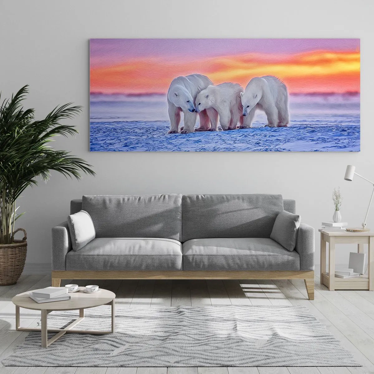 Impression sur verre - Image sur verre - Trois ours polaires sur fond de coucher de soleil arctique - 120x50cm - La chaleur familiale suffit - Décoration murale moderne pour le salon et la chambre ARTTOR