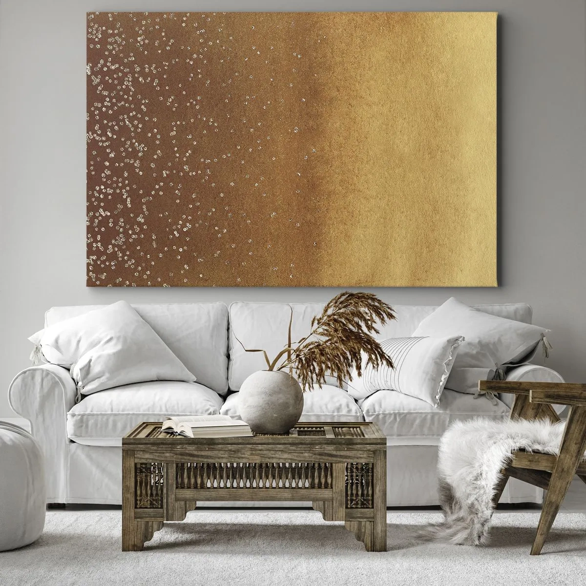 Impression sur toile - Image sur toile - Un dégradé doré avec des reflets et des embellissements subtils - 120x80cm - Origine du monde - Décoration murale moderne pour le salon et la chambre ARTTOR