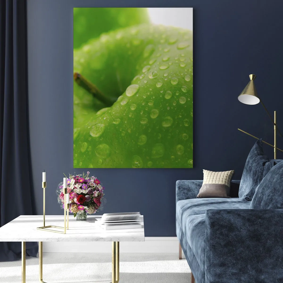 Impression sur verre - Image sur verre - Gros plan d'une pomme verte avec des gouttes d'eau - 70x100cm - Fraîcheur de verdure fraîche - Décoration murale moderne pour le salon et la chambre ARTTOR
