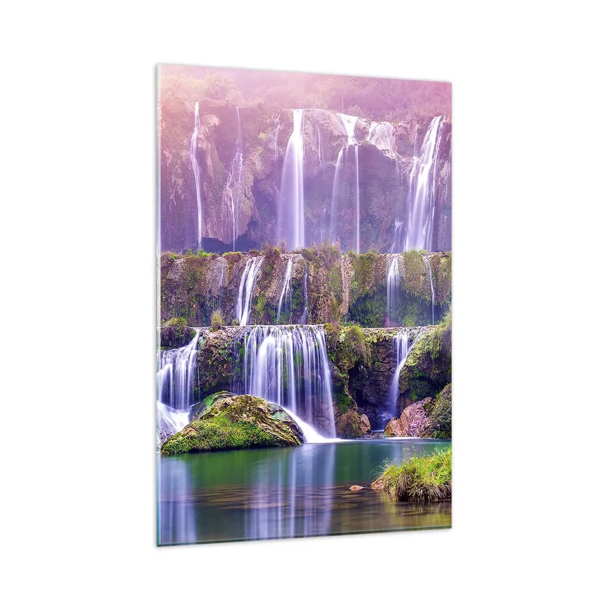 Impression sur verre - Image sur verre - Cascades entourées de verdure avec un éclairage pastel - 80x120cm - Escalier vers le ciel - Décoration murale moderne pour le salon et la chambre ARTTOR