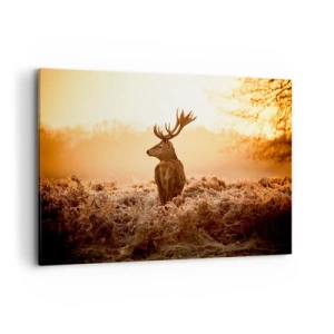 Impression sur toile - Image sur toile - Cerf dans les rayons du soleil levant - 120x80cm - Seigneur du domaine - Décoration murale moderne pour le salon et la chambre ARTTOR