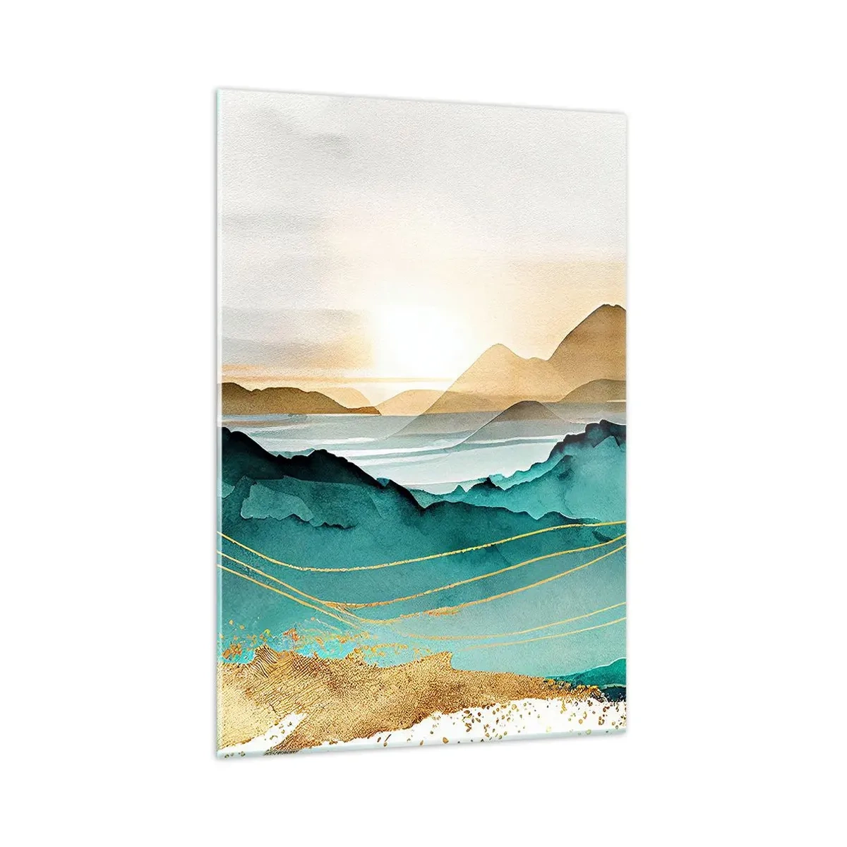 Impression sur verre - Image sur verre - Paysage abstrait avec des montagnes et des accents dorés - 70x100cm - Au frontière de l’abstraction – paysage - Décoration murale moderne pour le salon et la chambre ARTTOR