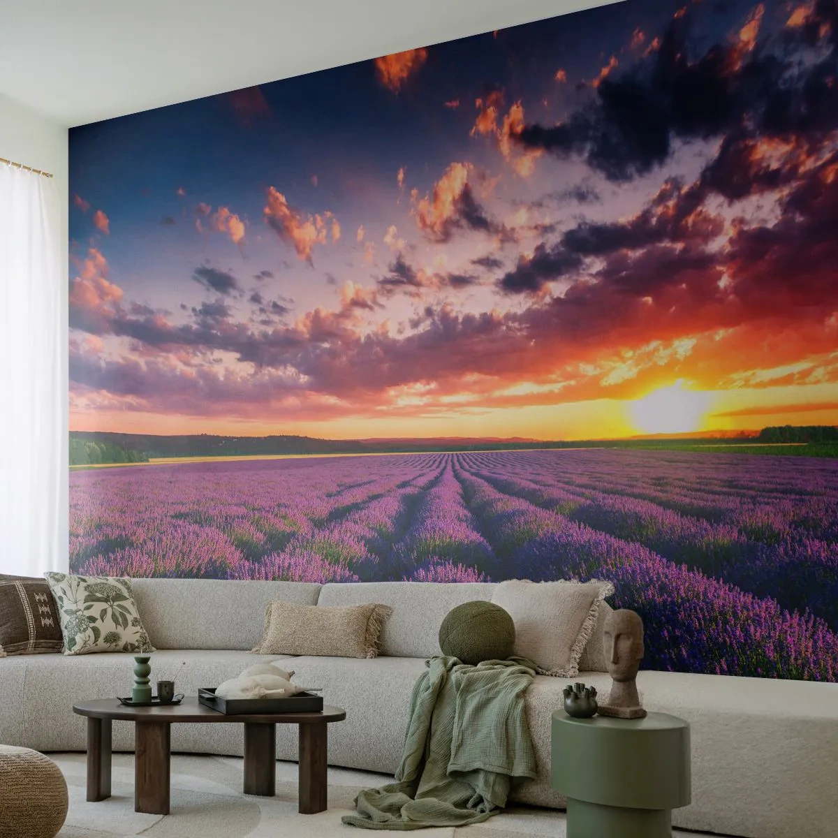 Papier Peint Photo Premium Sand - Champ de lavande au coucher du soleil - 100x70cm - Monde de lavande - Décoration murale moderne pour le salon et la chambre ARTTOR
